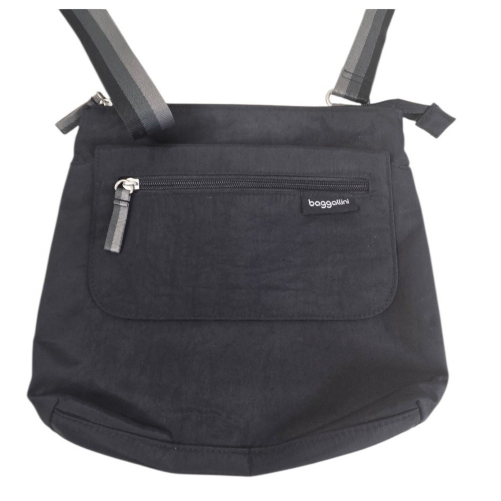 Baggallini Black Nylon Crossbody Bag Medium Adjustable Striped Strap Travel